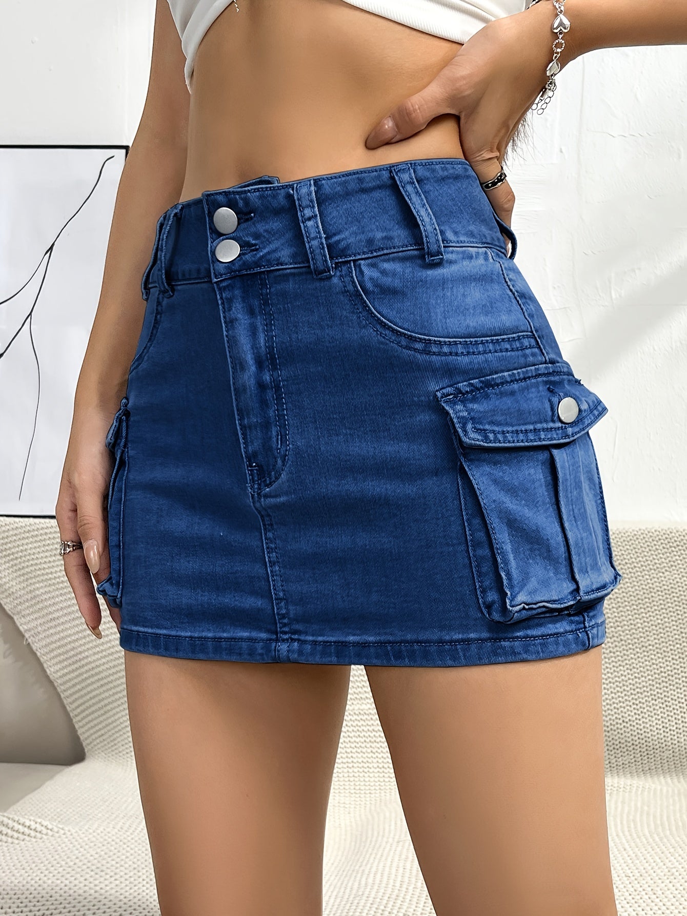 Multi-pocket Denim Cargo Skirts, Single Button Sexy Mid-stretch Denim Skirts, Women's Denim Clothing