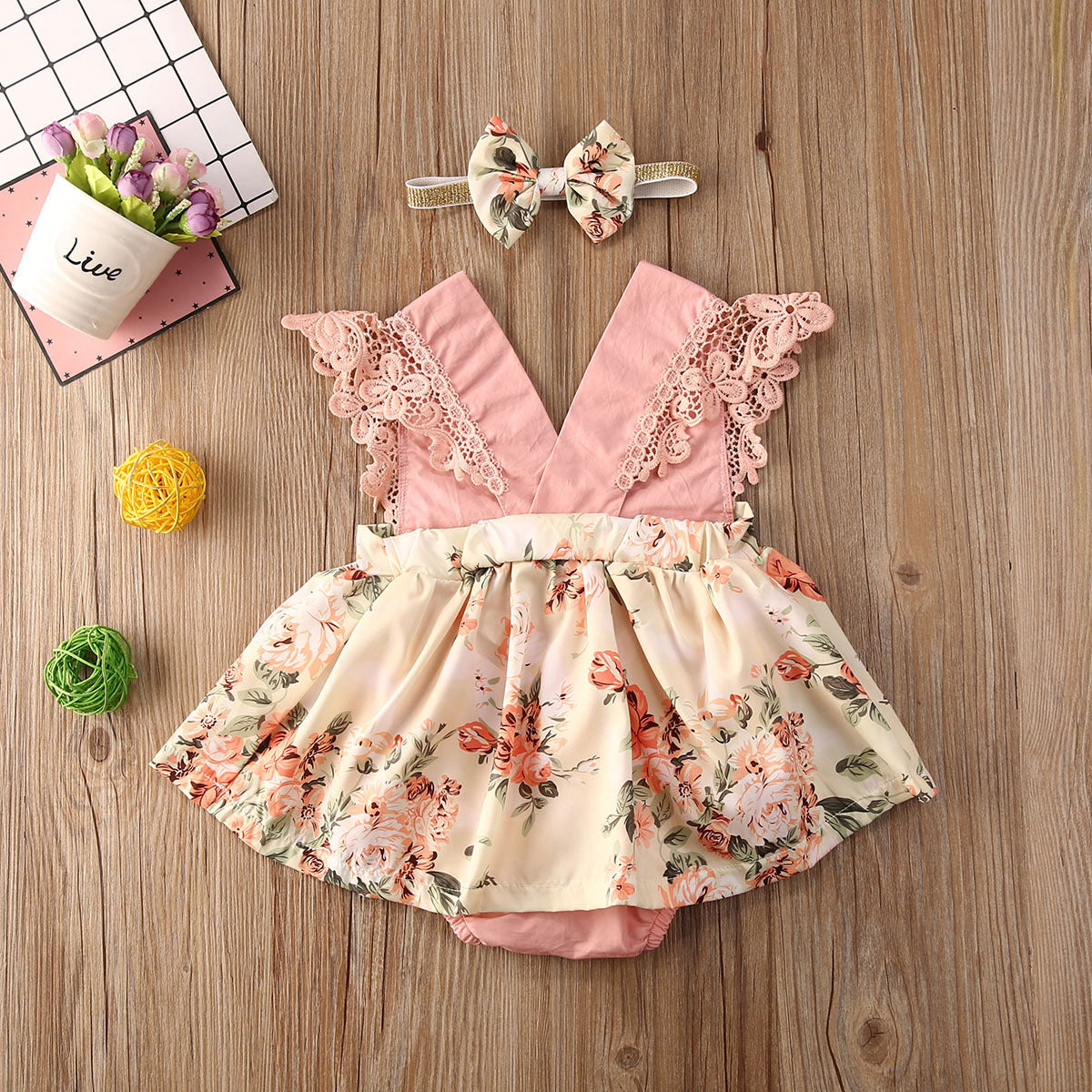Girl Princess Clothes Baby Rompek Sleeveless  Jumpsuit Newborn Headband Kid Outfits Summer Clothingr Girls Floral Lace V Nec