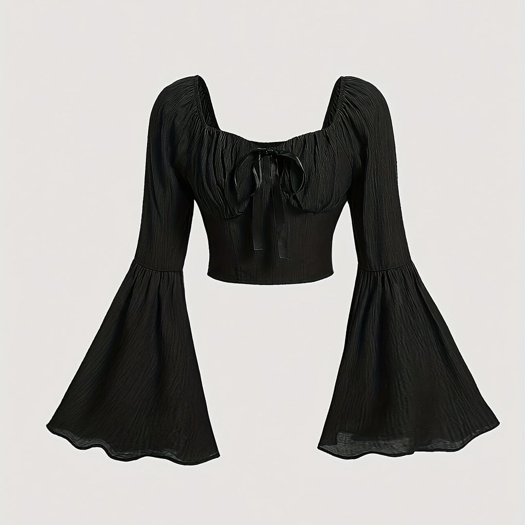 Vibrant Square Neck Ruched Crop Top - Women's Blouses with Long Flare Sleeves, Casual Chic Design for Spring & Fall Seasons, Soft Comfortable Fabric, Easy to Pair with Jeans or Skirts