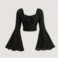 Vibrant Square Neck Ruched Crop Top - Women's Blouses with Long Flare Sleeves, Casual Chic Design for Spring & Fall Seasons, Soft Comfortable Fabric, Easy to Pair with Jeans or Skirts