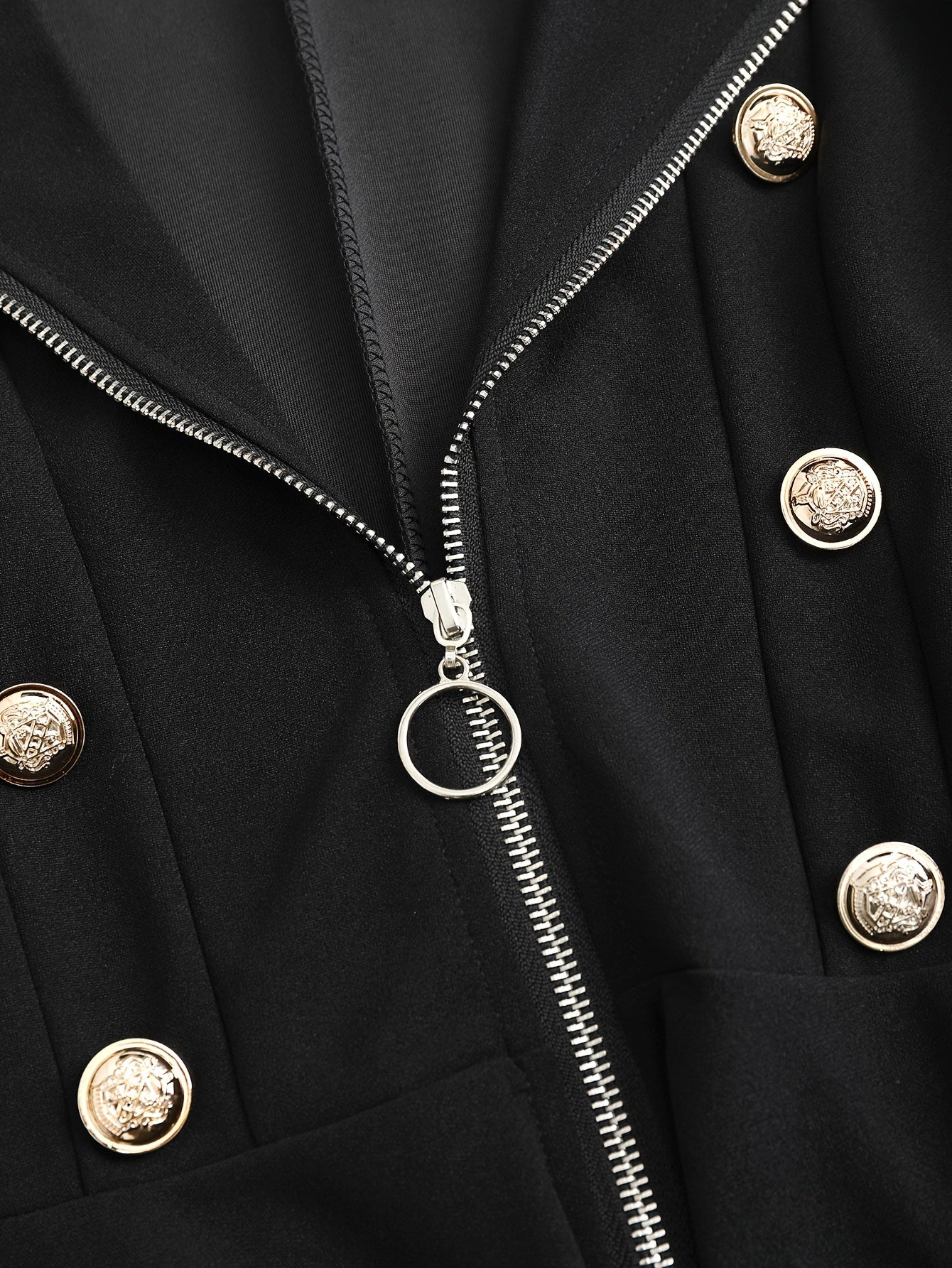 [Vintage-Inspired Chic Blazer] Chic Black Double-Breasted Blazer - Elegant Women's Vintage-Inspired Jacket - Polyester, Machine Washable, Zip-Up Front, Flared Sleeves, Decorative Buttons - Ideal for Office & Casual Wear