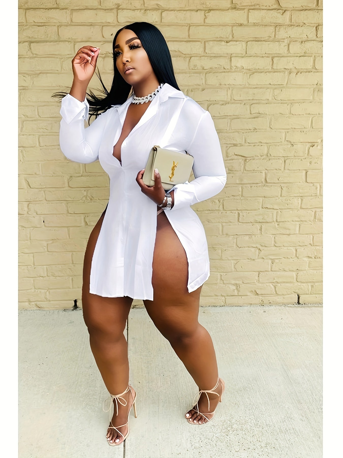 Women Button Down Shirts Dress Sexy Side Split Casual Long Sleeve Collared Slim Fit Blouses Tops