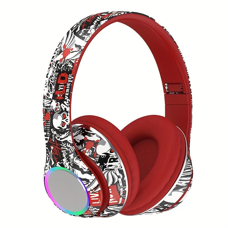 [Graffiti Design Condenser Microphone Headphones] Wireless On-Ear Headphones with Sound Isolation, Graffiti Design, Push Button Volume Control, Tangle-Free Cable, Condenser Microphone, 200mAh Rechargeable Battery, Type-C Char