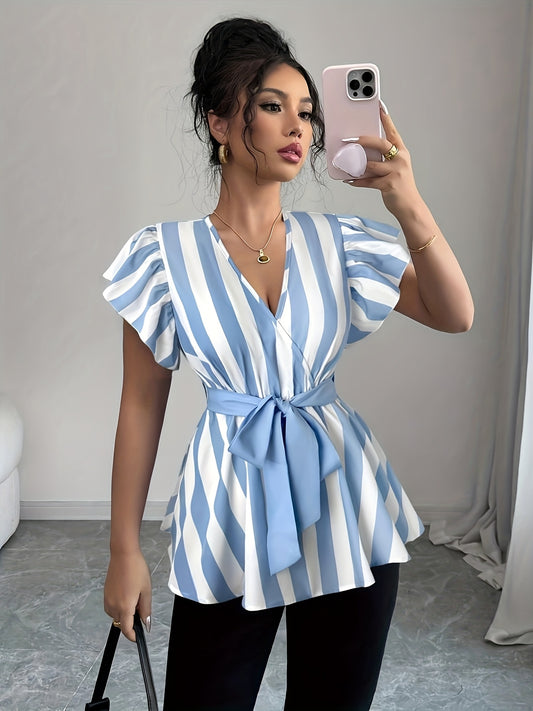 Women's Elegant Striped V-Neck Blouse with Belt - Black & White Vertical Stripes, Ruffled Sleeves, Cinched Waist, Machine Washable Polyester - Spring/Summer Fashion Top, Spring Summer Top | Waist Belted Top | Glossy Texture,