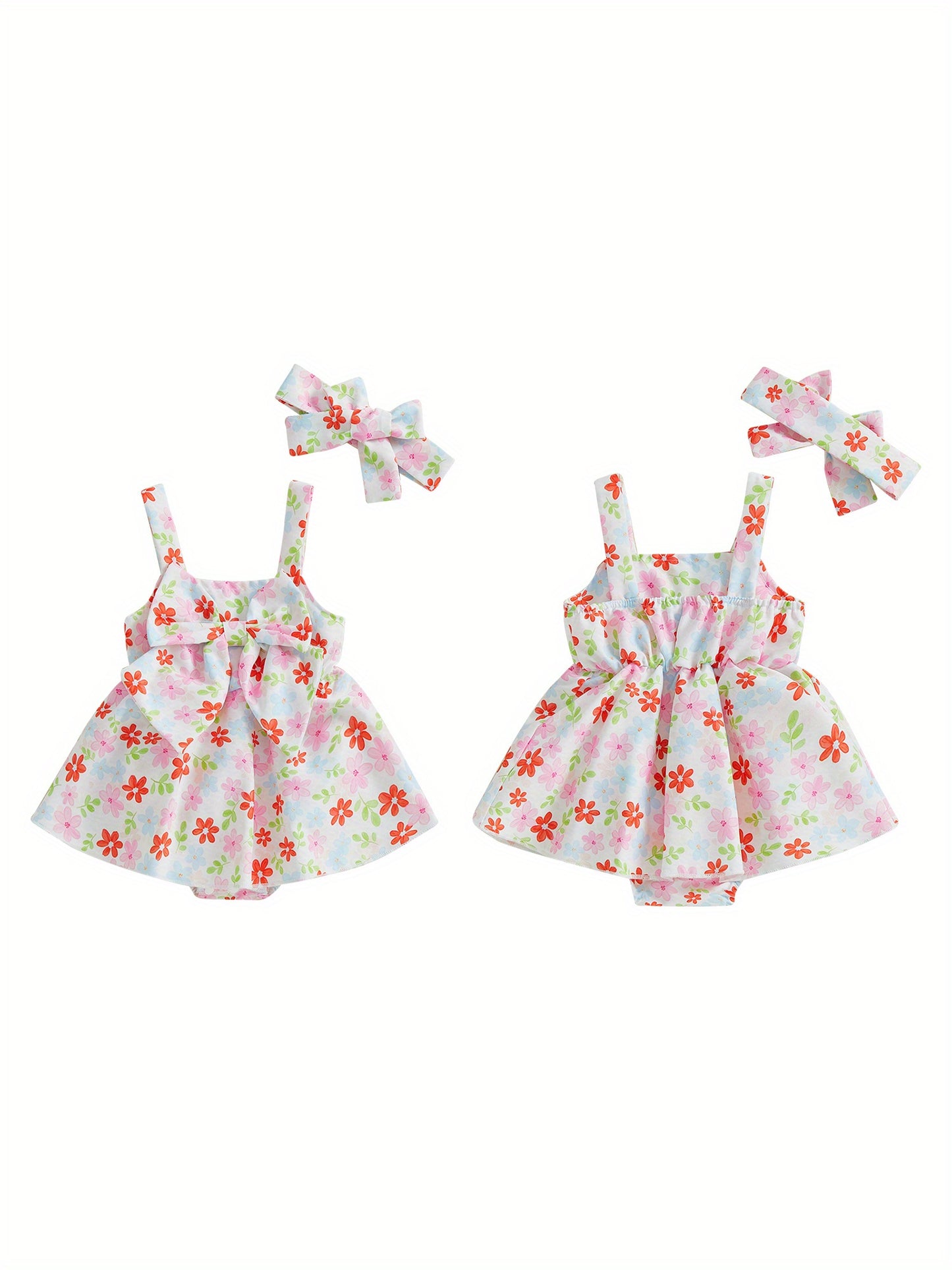 Baby Girl Summer Outfits Sleeveless Square Neck Bow Front Romper with Headband Set Newborn Clothes