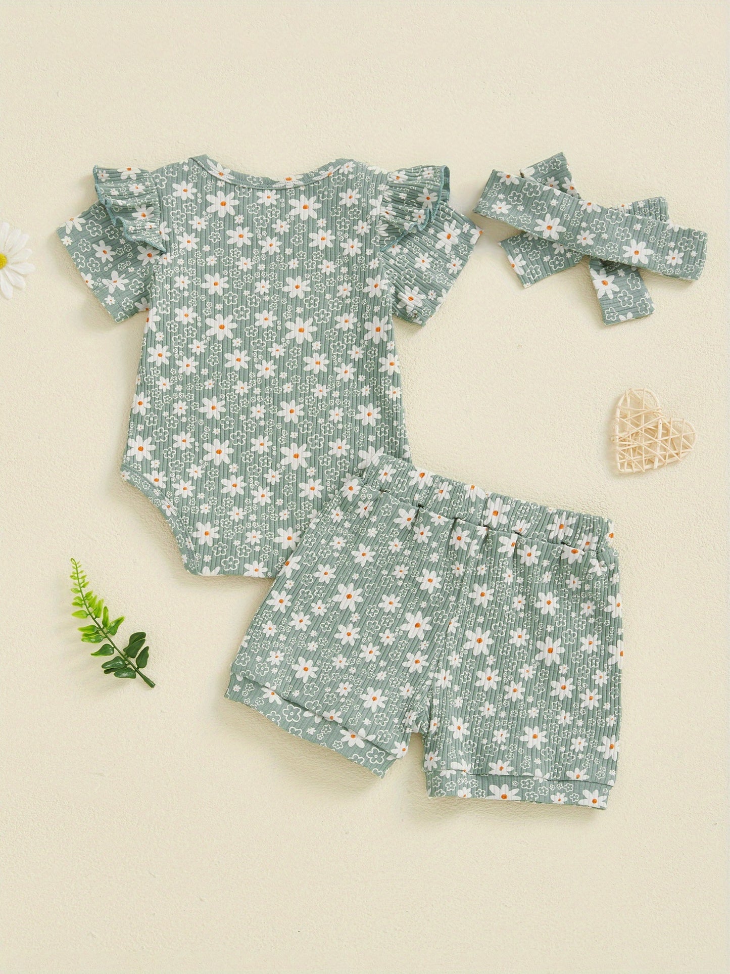 Baby Girl Summer Outfits Floral Print Crew Neck Short Sleeve Romper Shorts Headband 3pcs Clothes Set