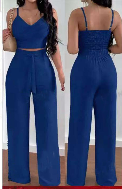 Women's Solid Color Slim Elastic Pleated Two-Piece Suit Sexy  Pants Suit