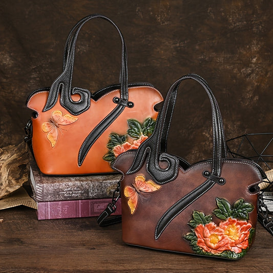 Genuine Genuine Leather Women's Crossbody Bag with Floral Embossed Design - Ethnic Style Coffee & Yellow Handbags, Zipper Closure & Polyester Lining for Casual or Formal Use