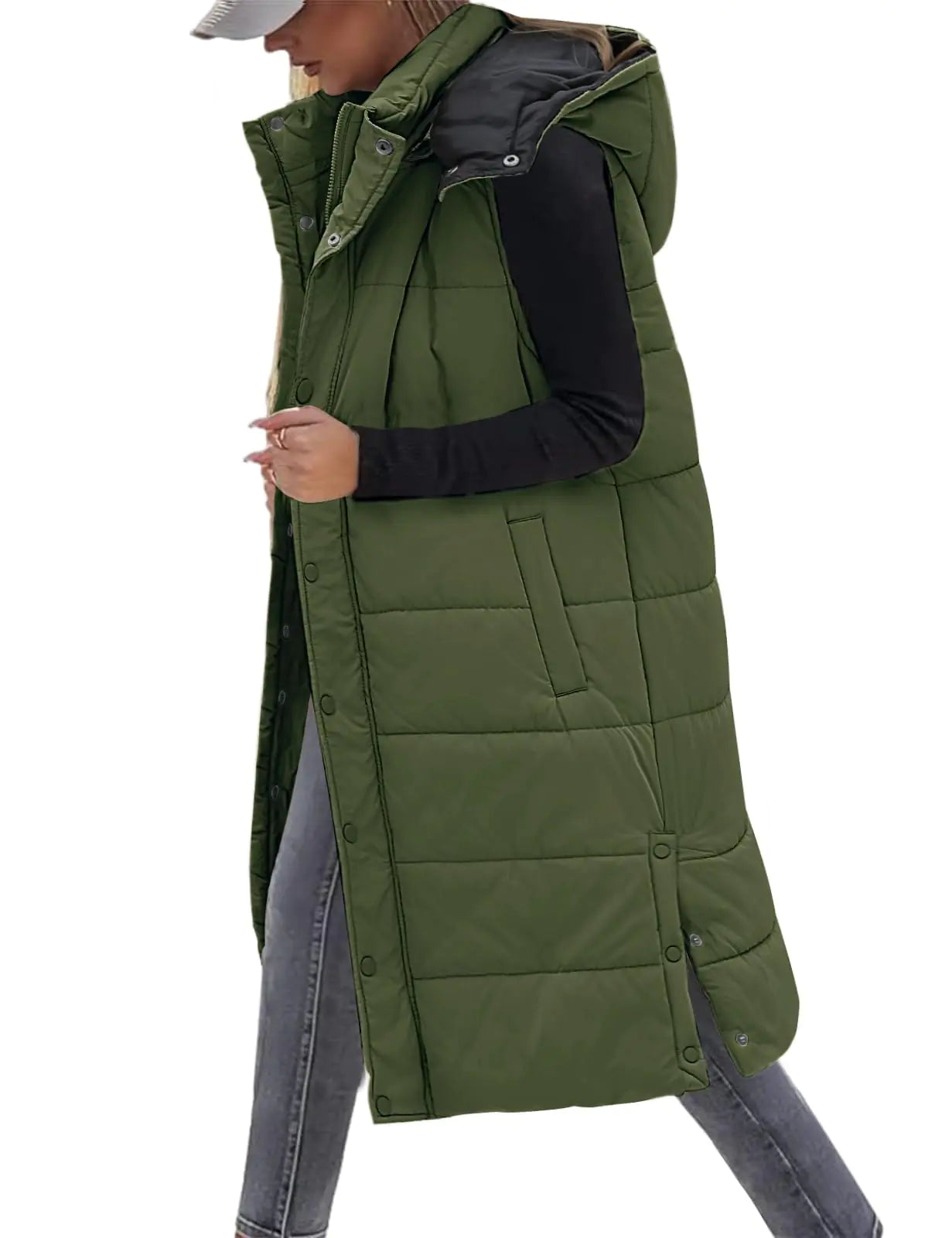 VXVGER Long Puffer Vest Women With Hood Sleeveless Down Vest Warm Jacket Winter Coat With PocketsArmy GreenS