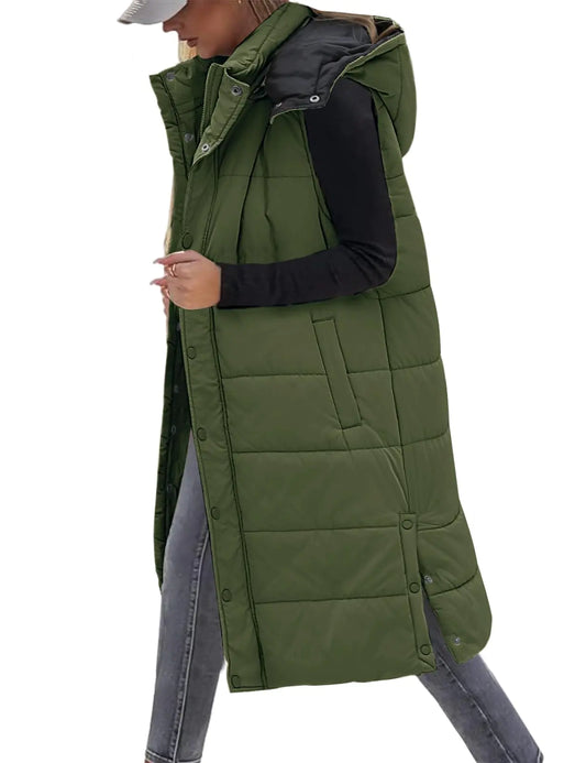 VXVGER Long Puffer Vest Women With Hood Sleeveless Down Vest Warm Jacket Winter Coat With PocketsArmy GreenS
