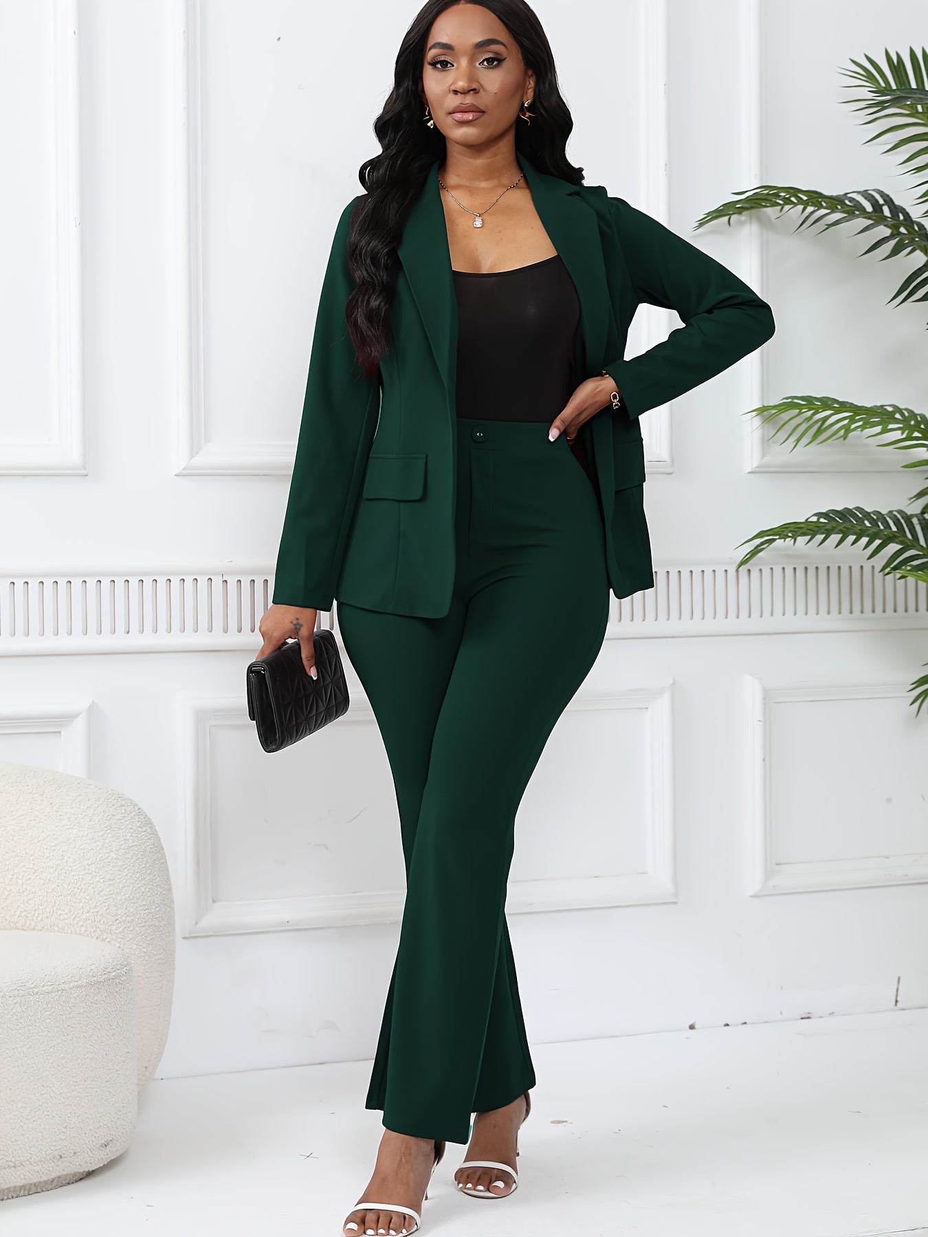 Elegant Solid Slim-Fit Two Piece Set, Single-Breasted Lapel Neck Blazer & Pants Outfits For Office & Work, Women's Clothing