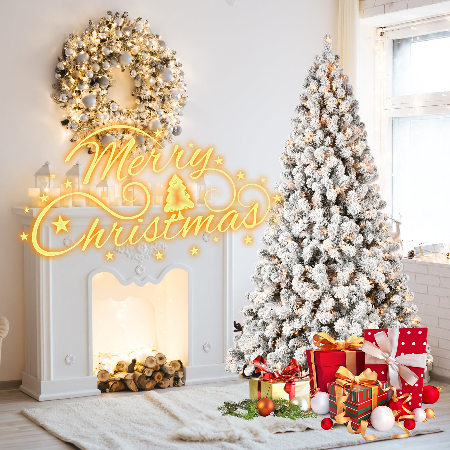 5ft 6ft 8ft 9ft Pre-Lit Flocked Christmas Tree Hinged Artificial Xmas Trees Premium PVC Branches With Lights