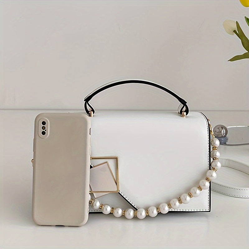Fashion Square Handbag For Women, Faux Pearl Chain Decor Crossbody Bag, Metal Decor Flap Purse With Top Handle