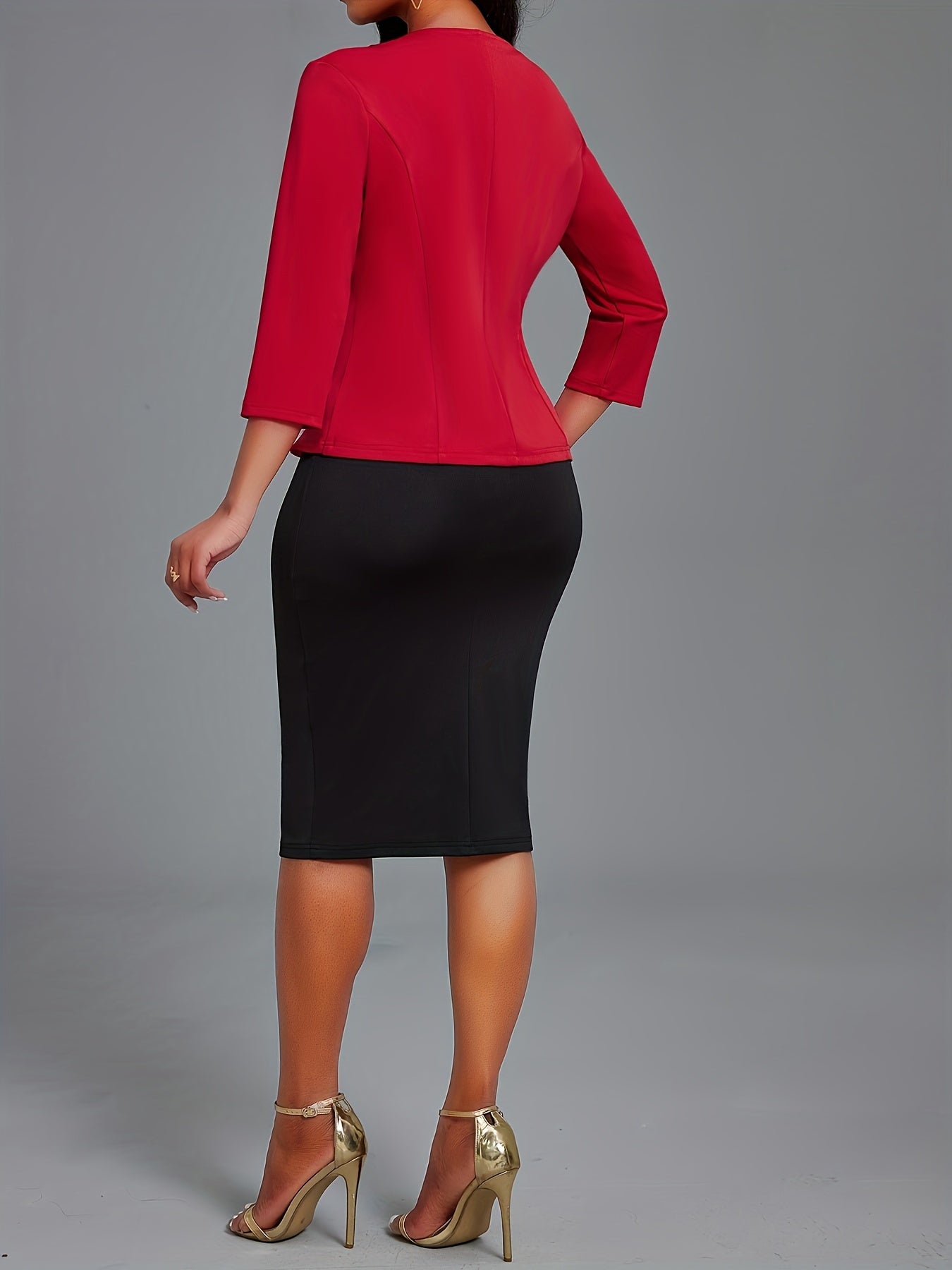 [Two Piece Elegant Outfits] Elegant Two Piece Set, Three-Quarter Sleeve Single-Breasted Blazer & Solid Bodycon Tank Dress Outfits, Women's Clothing