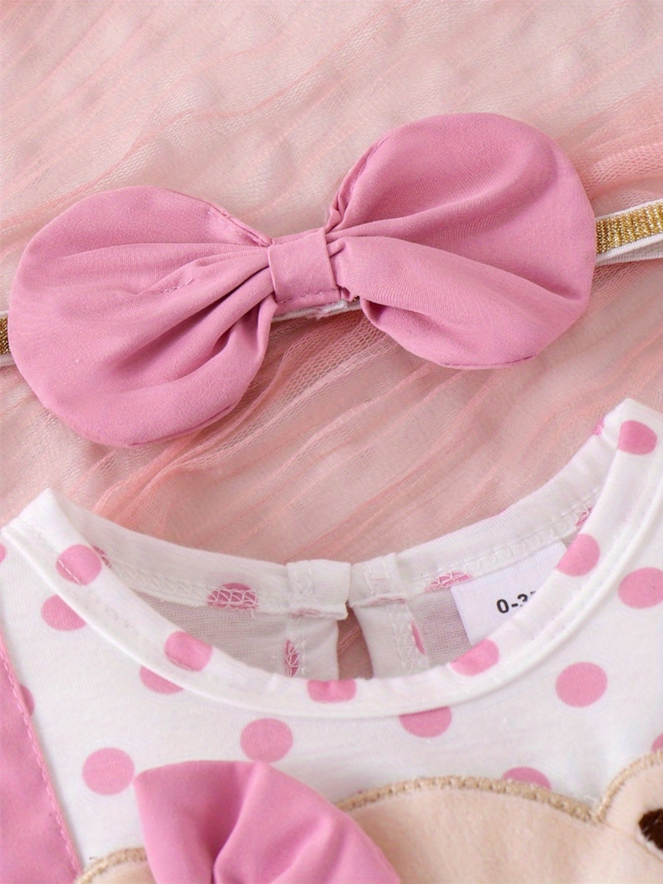 0- Cute Little Girl Summer Set Bear Embroidered Hoodie with Bow Headband and Short Sleeve jumpsuit, for Outdoor