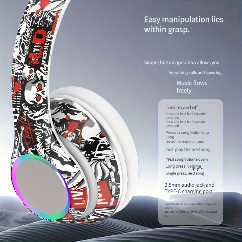 [Graffiti Design Condenser Microphone Headphones] Wireless On-Ear Headphones with Sound Isolation, Graffiti Design, Push Button Volume Control, Tangle-Free Cable, Condenser Microphone, 200mAh Rechargeable Battery, Type-C Char