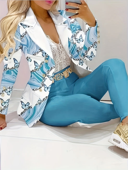 Elegant Two-piece Set, Butterfly Print Long Sleeve Lapel Neck Double-breasted Blazer & Solid Skinny Pants Outfits, Women's Clothing