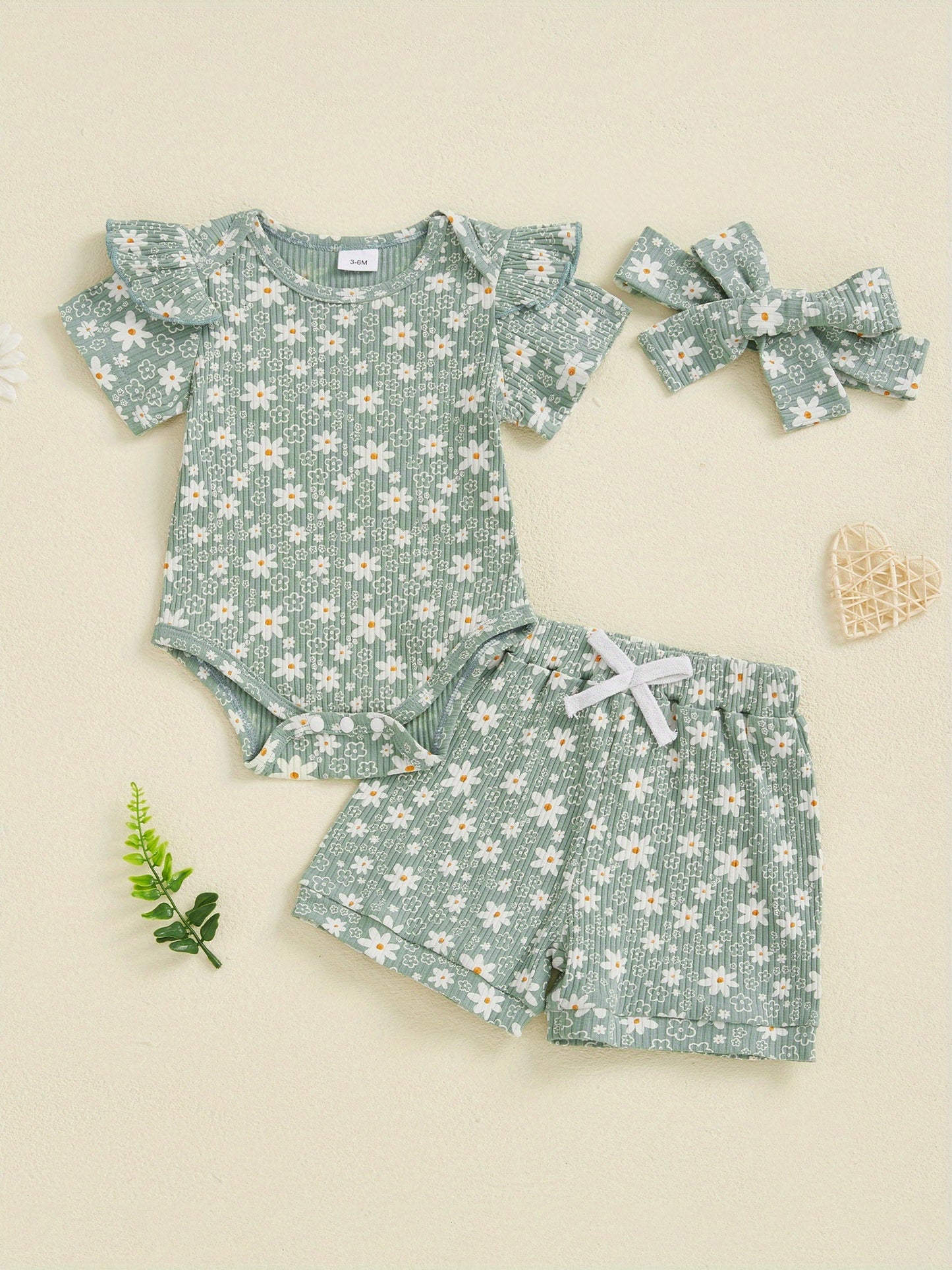 Baby Girl Summer Outfits Floral Print Crew Neck Short Sleeve Romper Shorts Headband 3pcs Clothes Set