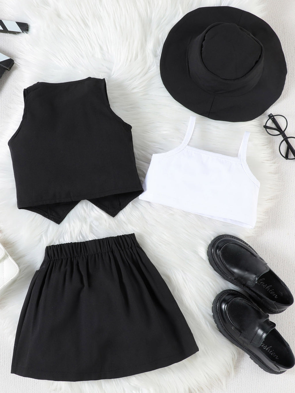 Girl Summer Set V-Neck Sleeveless Button-up Vest Cami Pleated Skirt Hat 4pcs Outfits, for Outdoor