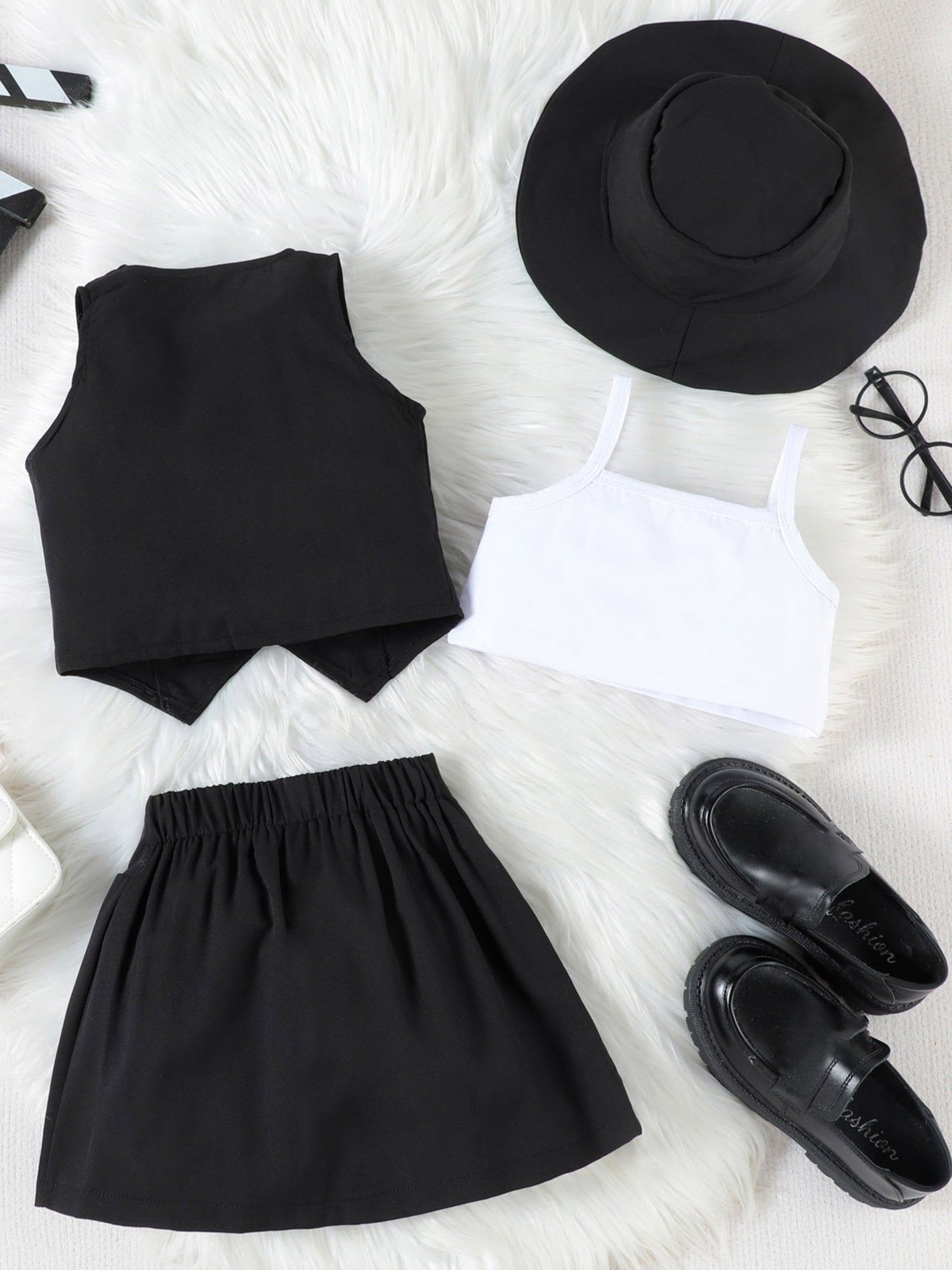 Girl Summer Set V-Neck Sleeveless Button-up Vest Cami Pleated Skirt Hat 4pcs Outfits, for Outdoor