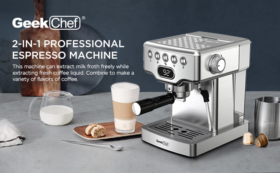 Geek Chef 20-Bar Espresso Machine with Milk Frother – 2-in-1 Home Coffee Maker