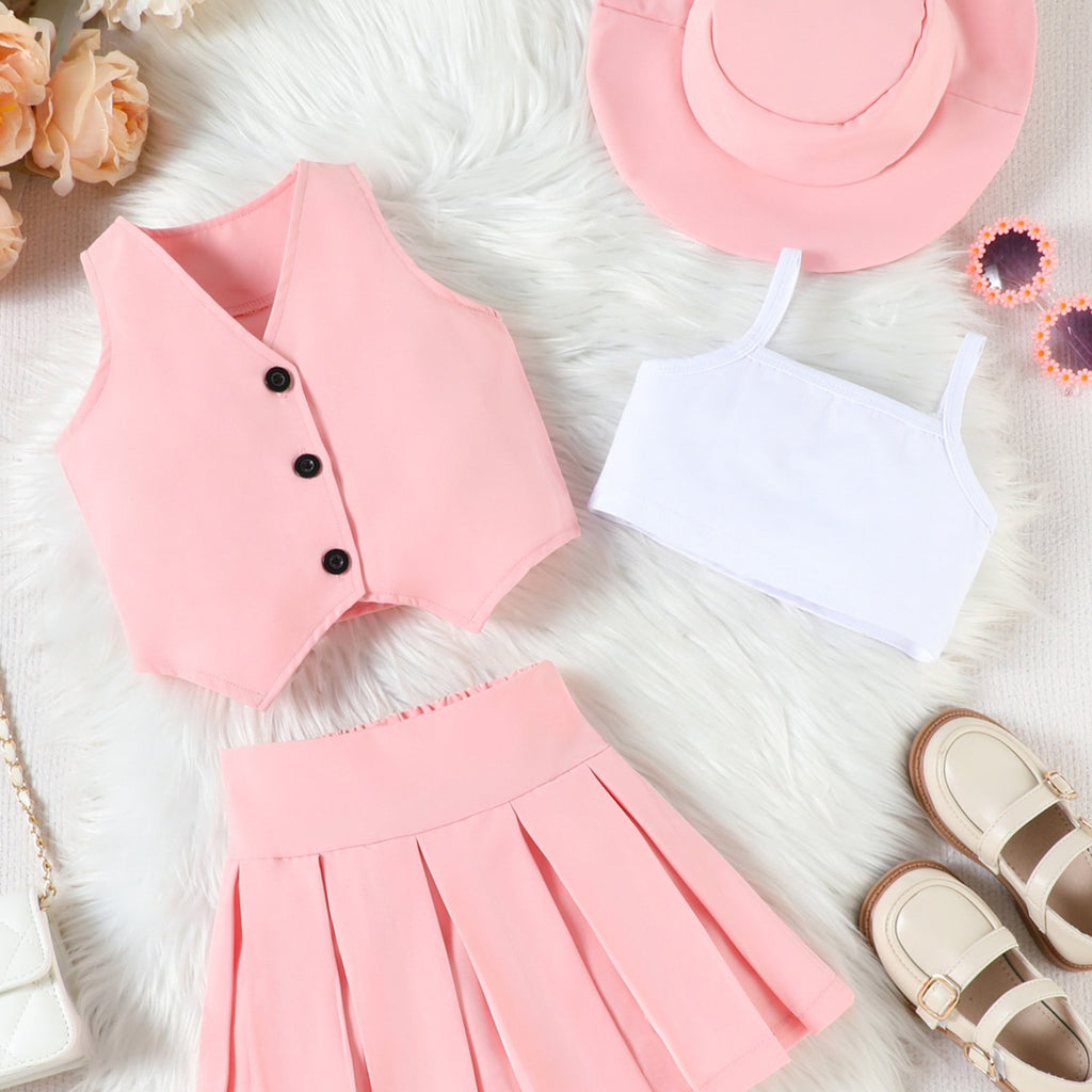 Girl Summer Set V-Neck Sleeveless Button-up Vest Cami Pleated Skirt Hat 4pcs Outfits, for Outdoor