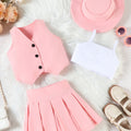 Girl Summer Set V-Neck Sleeveless Button-up Vest Cami Pleated Skirt Hat 4pcs Outfits, for Outdoor