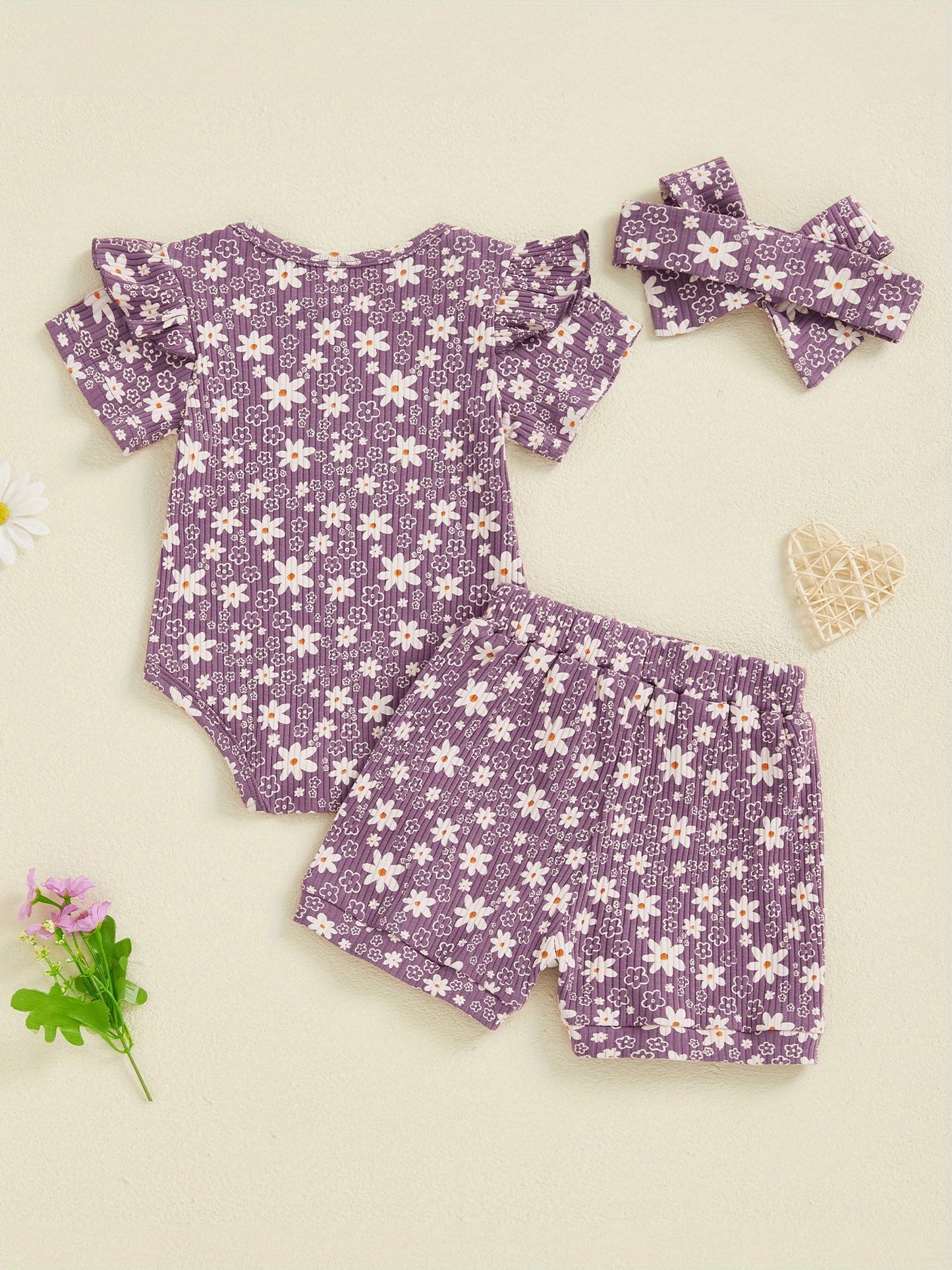 Baby Girl Summer Outfits Floral Print Crew Neck Short Sleeve Romper Shorts Headband 3pcs Clothes Set
