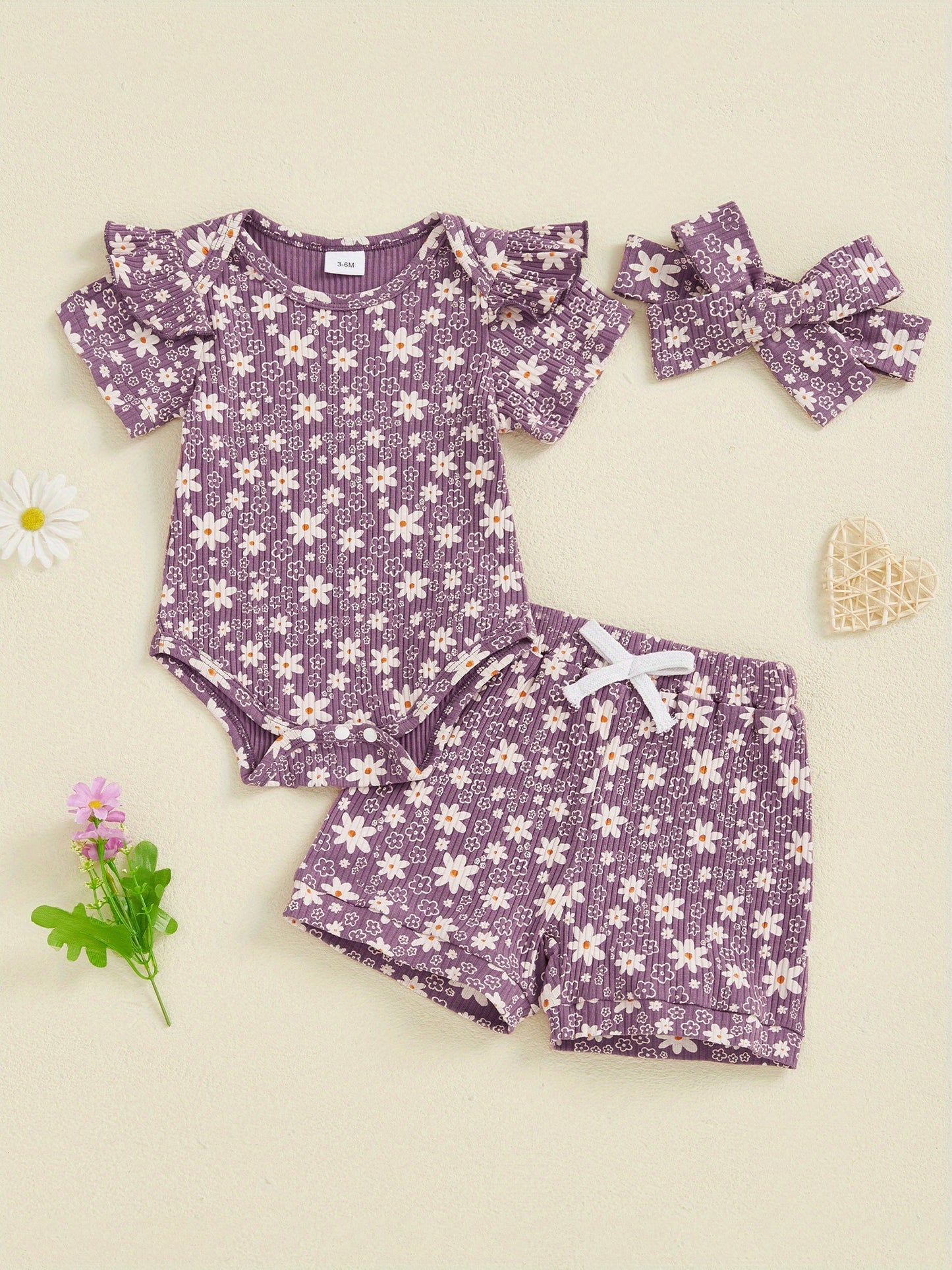 Baby Girl Summer Outfits Floral Print Crew Neck Short Sleeve Romper Shorts Headband 3pcs Clothes Set