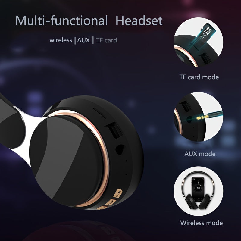 [Wireless | Heavy Bass] Wireless 5.3 Heavy Bass Stereo Foldable Headphones | Mic, FM Radio, 3.5mm AUX Cable, Soft Ear Pads, Portable Design for Travel, Home, Office, and Calls | Elegant Sound Engineering, Metallic Accents