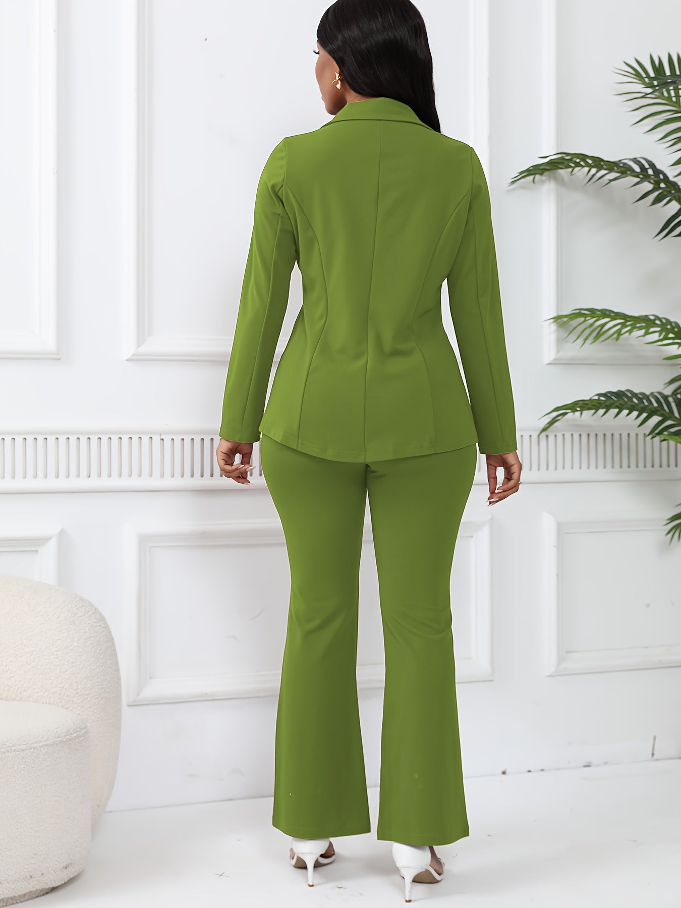 Elegant Solid Slim-Fit Two Piece Set, Single-Breasted Lapel Neck Blazer & Pants Outfits For Office & Work, Women's Clothing