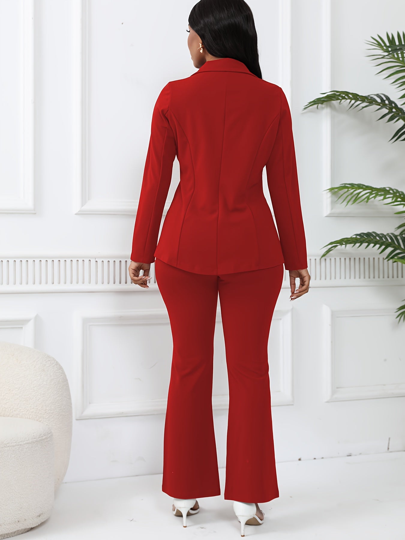 Elegant Solid Slim-Fit Two Piece Set, Single-Breasted Lapel Neck Blazer & Pants Outfits For Office & Work, Women's Clothing