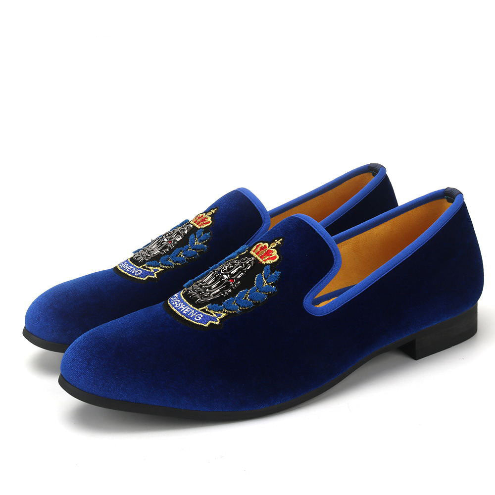 Men's Blue Velvet Shoes Embroidered Crown Couture