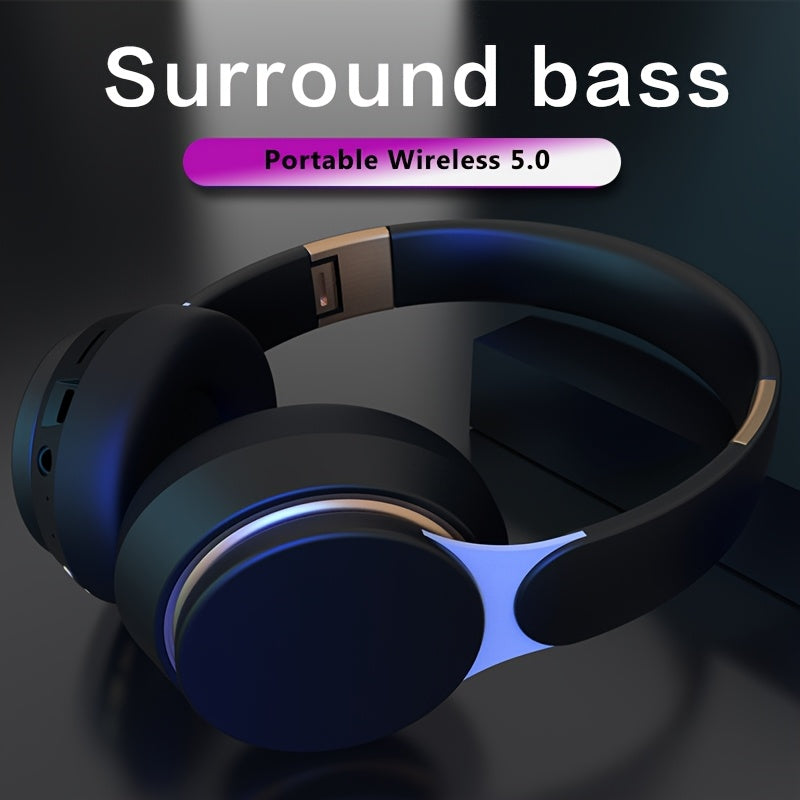 [Wireless | Heavy Bass] Wireless 5.3 Heavy Bass Stereo Foldable Headphones | Mic, FM Radio, 3.5mm AUX Cable, Soft Ear Pads, Portable Design for Travel, Home, Office, and Calls | Elegant Sound Engineering, Metallic Accents