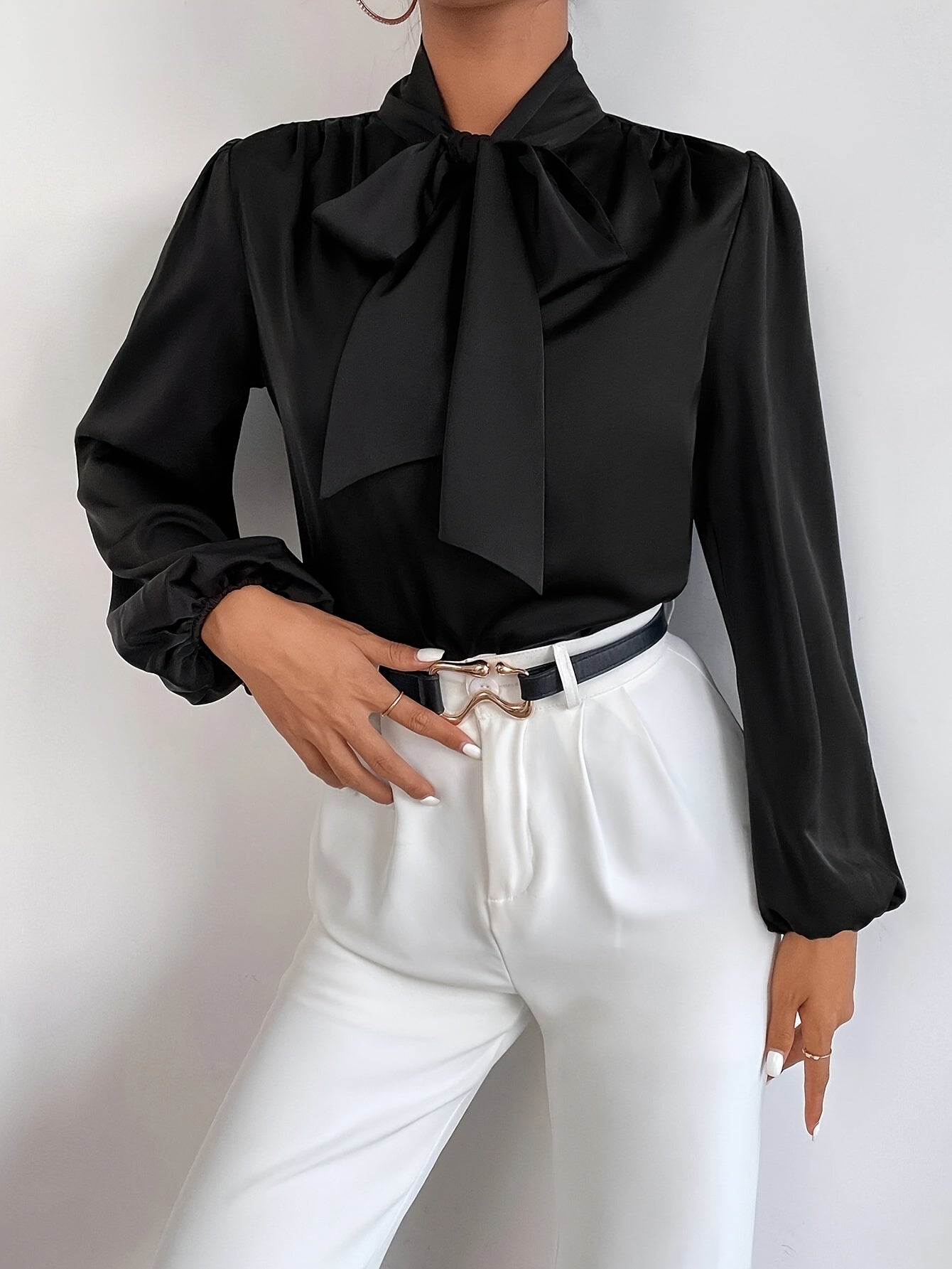 Elegant Satin Blouse with Tie-Neck and Bishop Sleeves, Polyester and Elastane, Solid Color, Non-Stretch Fabric - Women's Fashion Top, Seasonal Fashion | Bow Detail Shirt | Stylish Design, Ladies Blouses