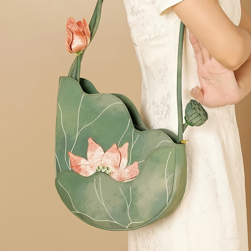 2025 New Chinese Style Women's Shoulder Bag - Exquisite Floral Embroidery Designer Handbag with Green & Pink for Lotus & Dragonfly, Zipper Closure, Lightweight Polyester Lining, Durable Oxford Fabric, Elegant Country Handbag