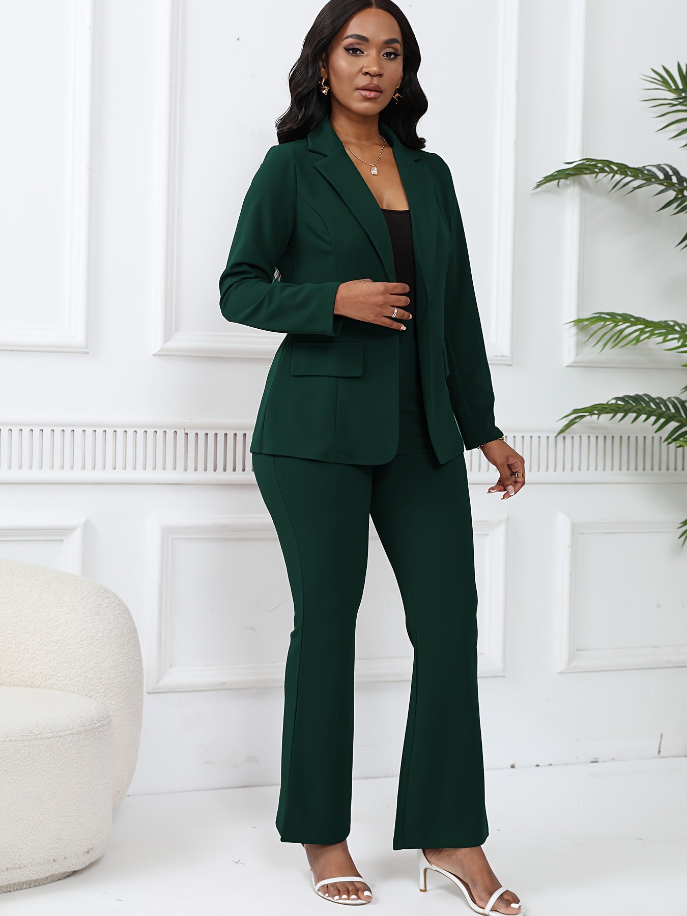 Elegant Solid Slim-Fit Two Piece Set, Single-Breasted Lapel Neck Blazer & Pants Outfits For Office & Work, Women's Clothing