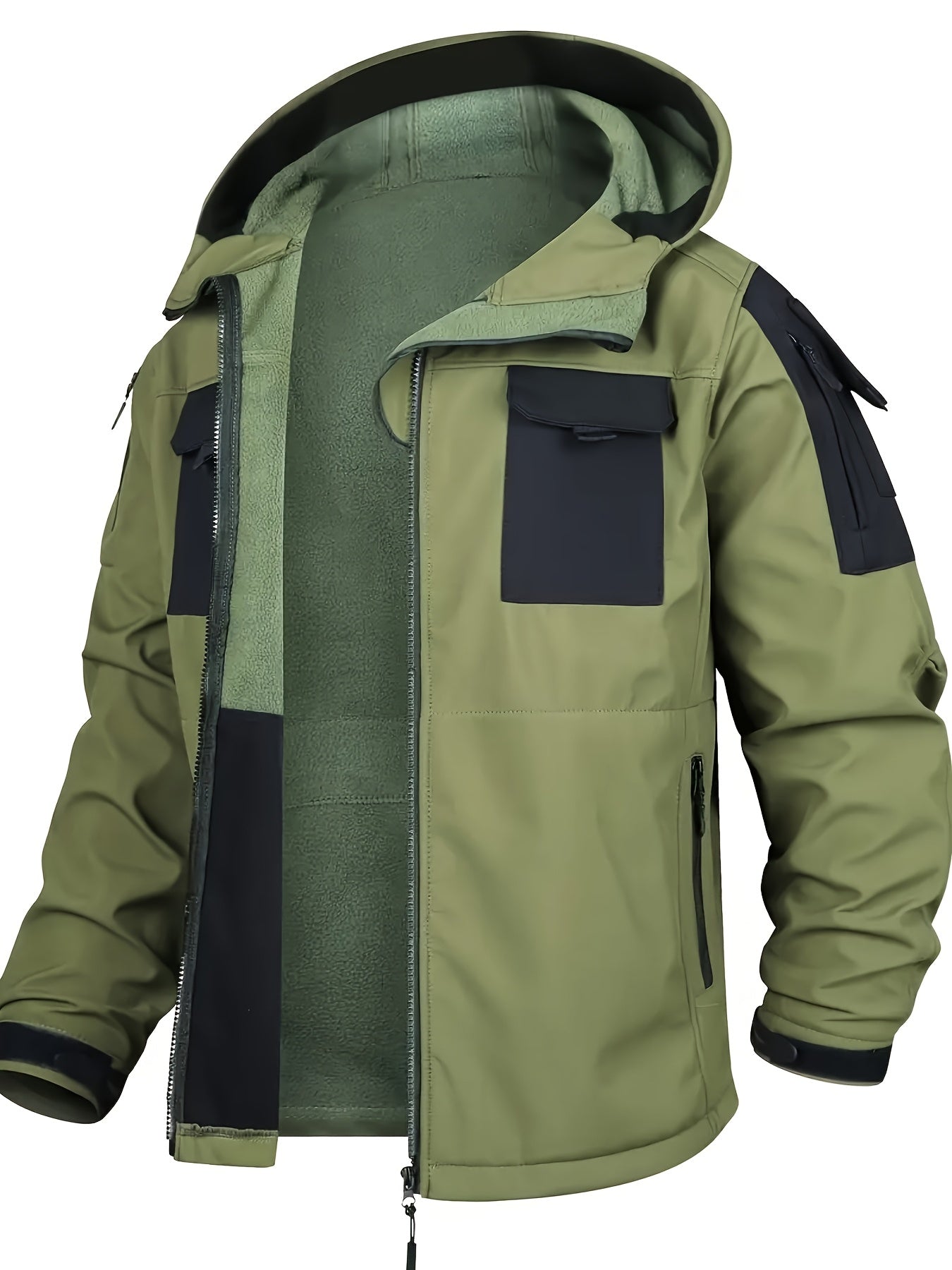 Men's 2pcs Fleece-Lined Hooded Jacket & Pants Set - Windproof Softshell Winter Clothing, Full-Zip Mummy-Like Zipper, Multi-Pocket Shell (Grey/Black) for Skiing, Hiking, Snow Sports - Thermal Outfit, Mens Clothes, Workwear For