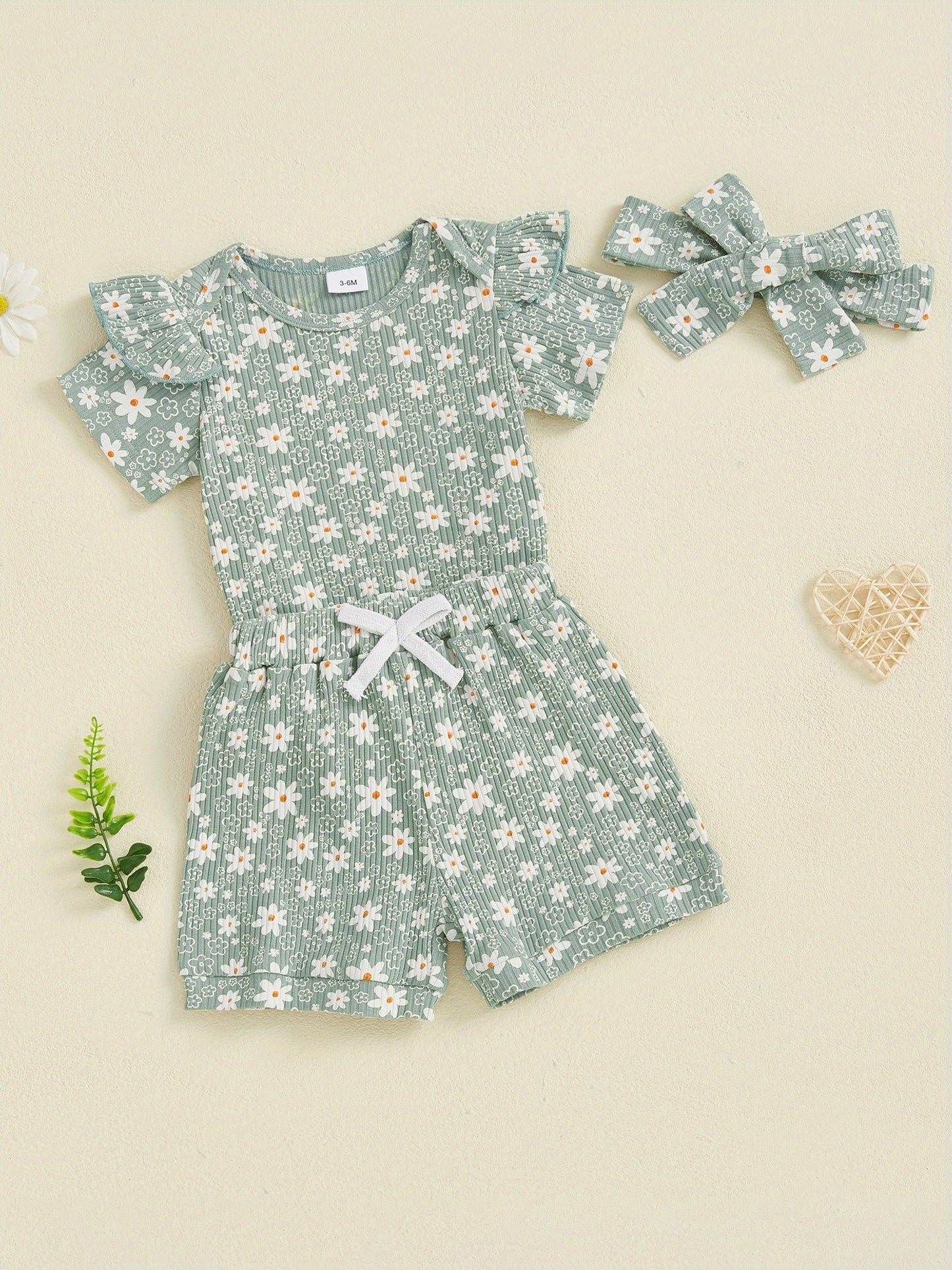 Baby Girl Summer Outfits Floral Print Crew Neck Short Sleeve Romper Shorts Headband 3pcs Clothes Set