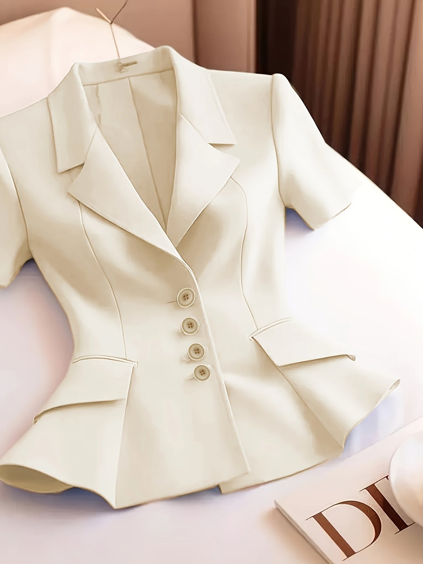 Elegant Women's Slimming Pink Blazer - Chic Short Sleeve, Button Front Jacket with Ruffled Hem, Polyester, Non-Sheer - Perfect for Office & Casual Wear