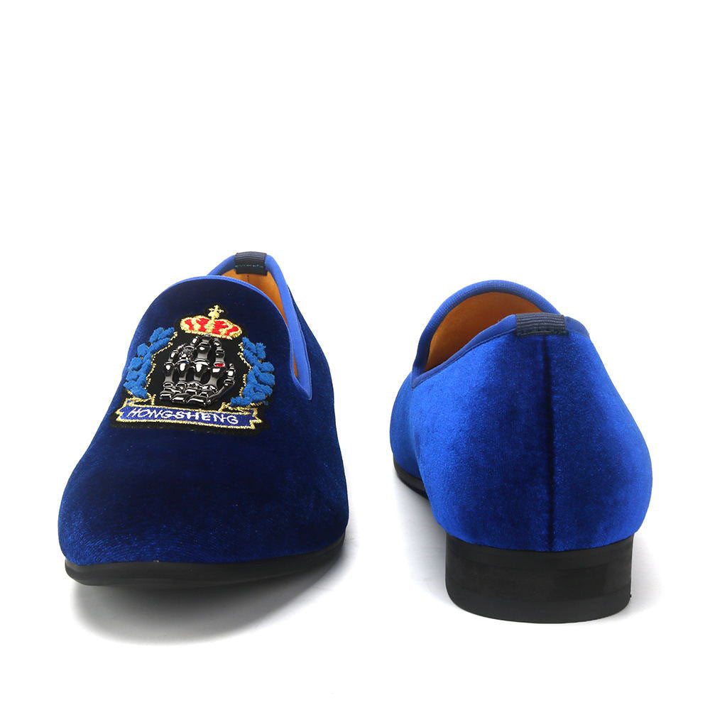 Men's Blue Velvet Shoes Embroidered Crown Couture