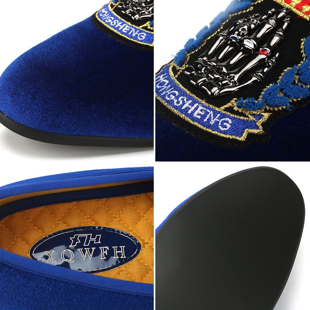 Men's Blue Velvet Shoes Embroidered Crown Couture