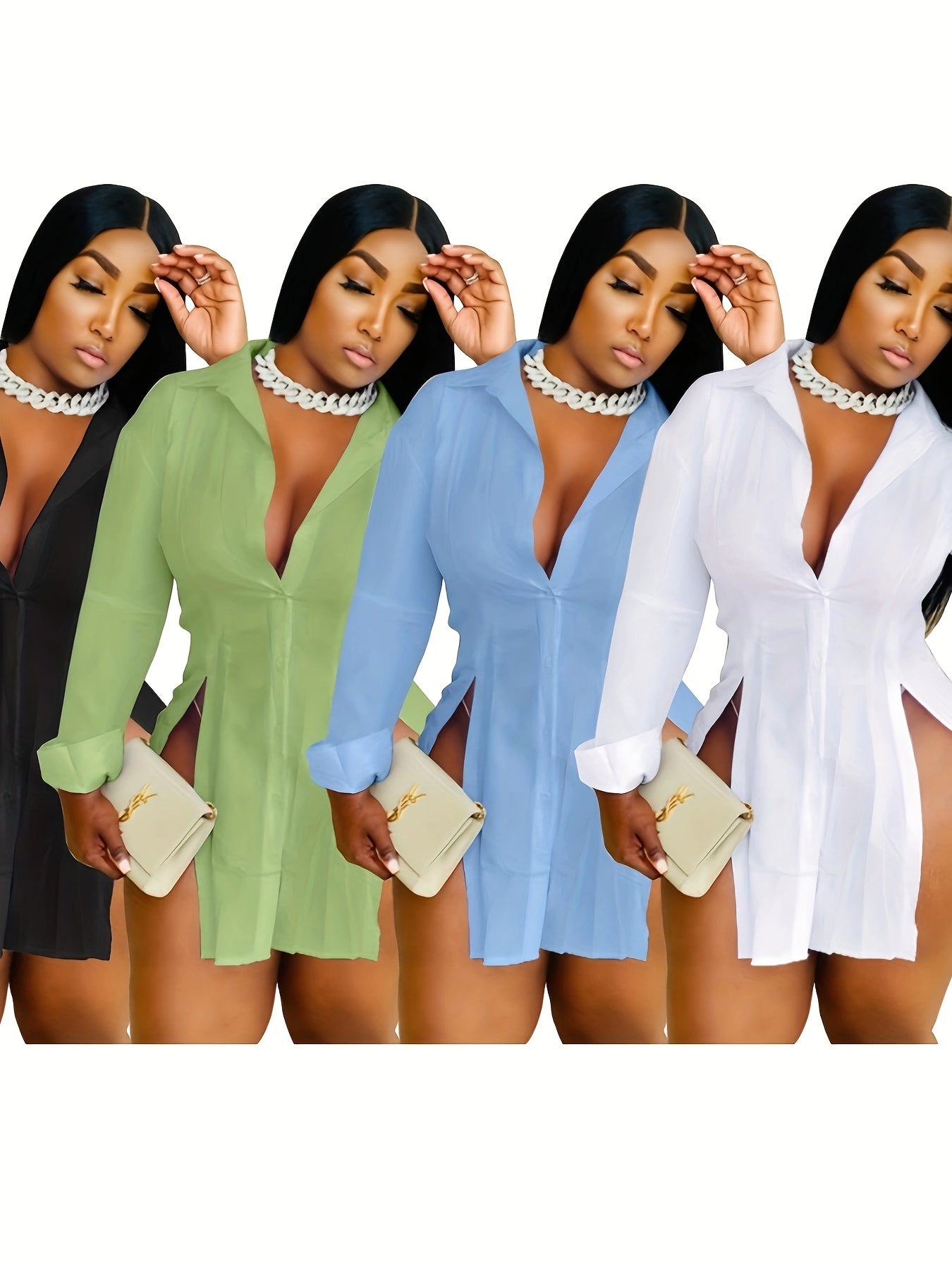 Women Button Down Shirts Dress Sexy Side Split Casual Long Sleeve Collared Slim Fit Blouses Tops