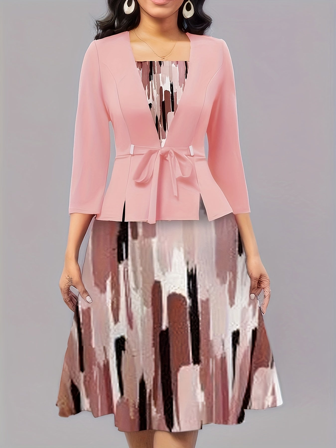 [2pcs Set: Crop Jacket & Dress] Elegant Women's 2pcs Set: Solid Color Crop Jacket & Geometric Print Dress - Stretchy, Machine Washable, Round Neck - Perfect for All Seasons