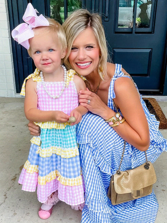 Toddler Girl Summer Dress Plaid Print Tie-up Sleeveless Tiered Ruffled A-Line Dress