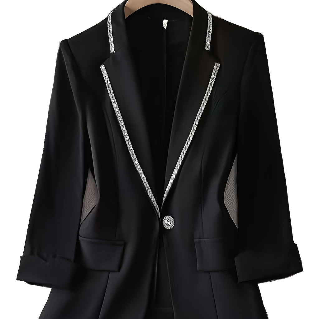 Women'S Elegant Chiffon Blazer with Rhinestone Embellishments, Spring/Summer Three Quarter Sleeve, Polyester 100%, Solid Color, X-Contour, Single Button Placket, Lightweight Knit Fabric, 120g/m² - Fashionable Casual Suit Jac
