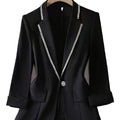 Women'S Elegant Chiffon Blazer with Rhinestone Embellishments, Spring/Summer Three Quarter Sleeve, Polyester 100%, Solid Color, X-Contour, Single Button Placket, Lightweight Knit Fabric, 120g/m² - Fashionable Casual Suit Jac