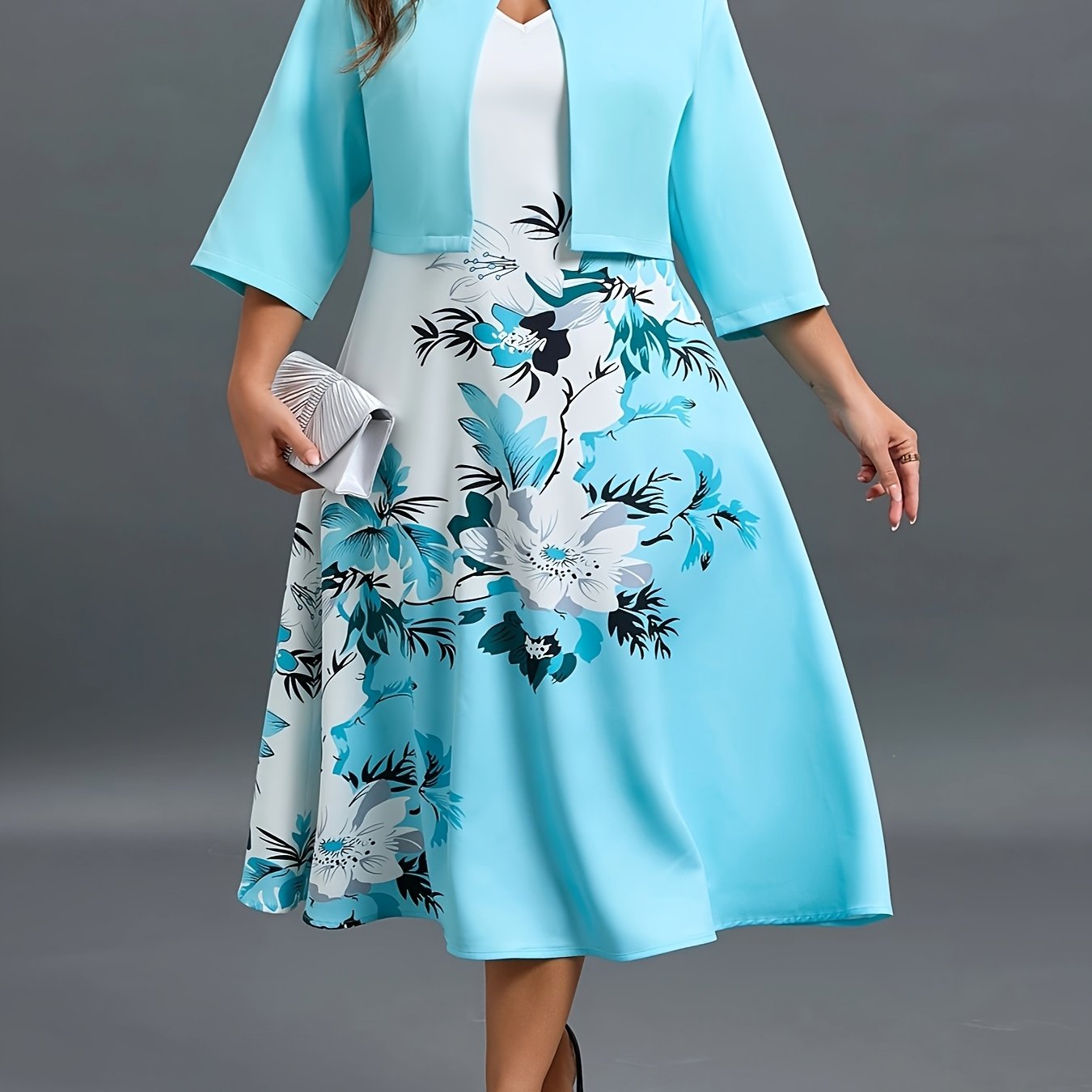 Elegant Floral Two-Piece Set for Women - Casual Chic with a Touch of Sophistication, Includes a Blazer and a Dress, Dressy Attire|Sophisticated Style|Woven Textur