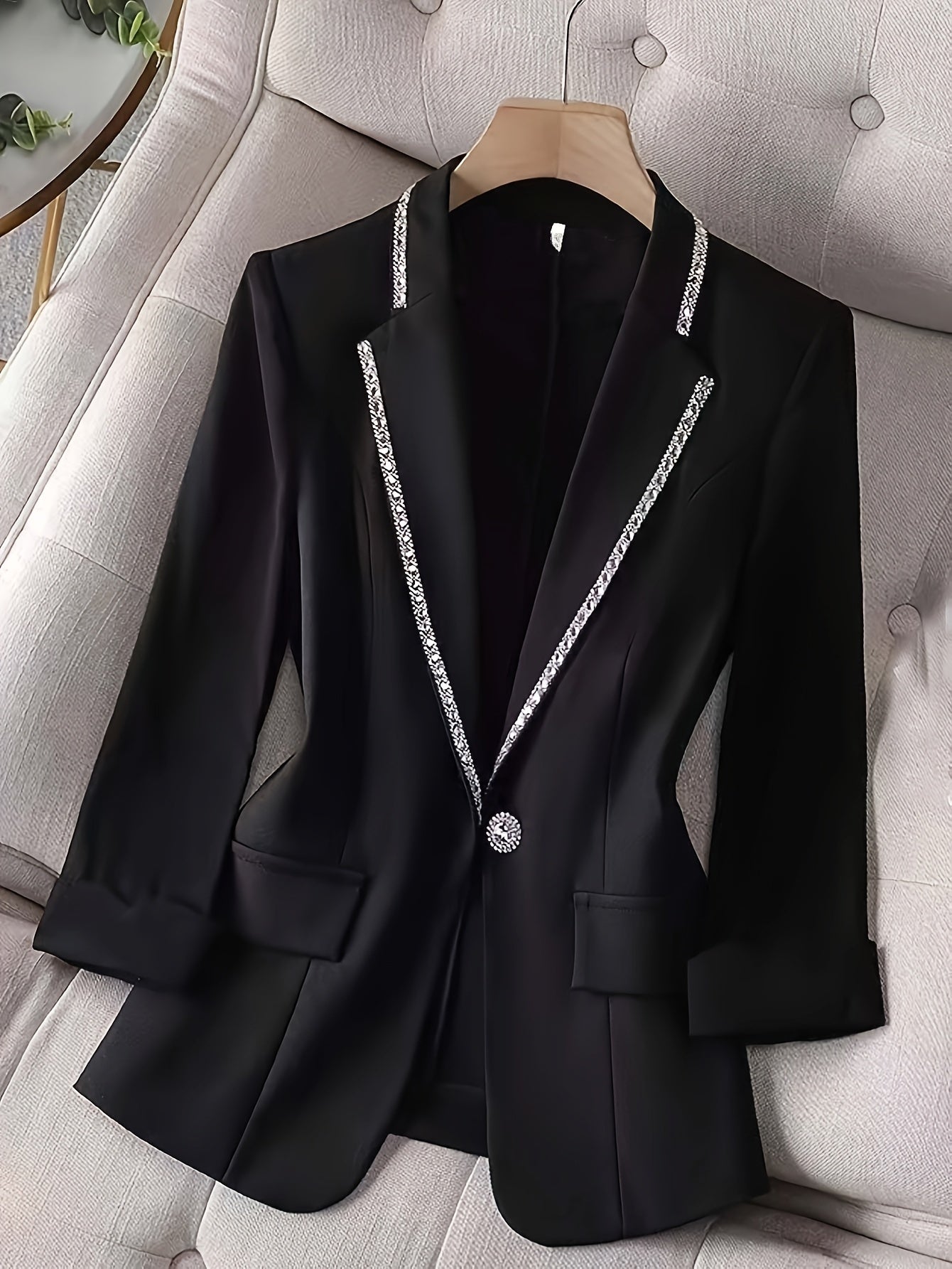 Women'S Elegant Chiffon Blazer with Rhinestone Embellishments, Spring/Summer Three Quarter Sleeve, Polyester 100%, Solid Color, X-Contour, Single Button Placket, Lightweight Knit Fabric, 120g/m² - Fashionable Casual Suit Jac