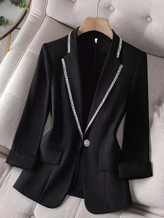 Women'S Elegant Chiffon Blazer with Rhinestone Embellishments, Spring/Summer Three Quarter Sleeve, Polyester 100%, Solid Color, X-Contour, Single Button Placket, Lightweight Knit Fabric, 120g/m² - Fashionable Casual Suit Jac